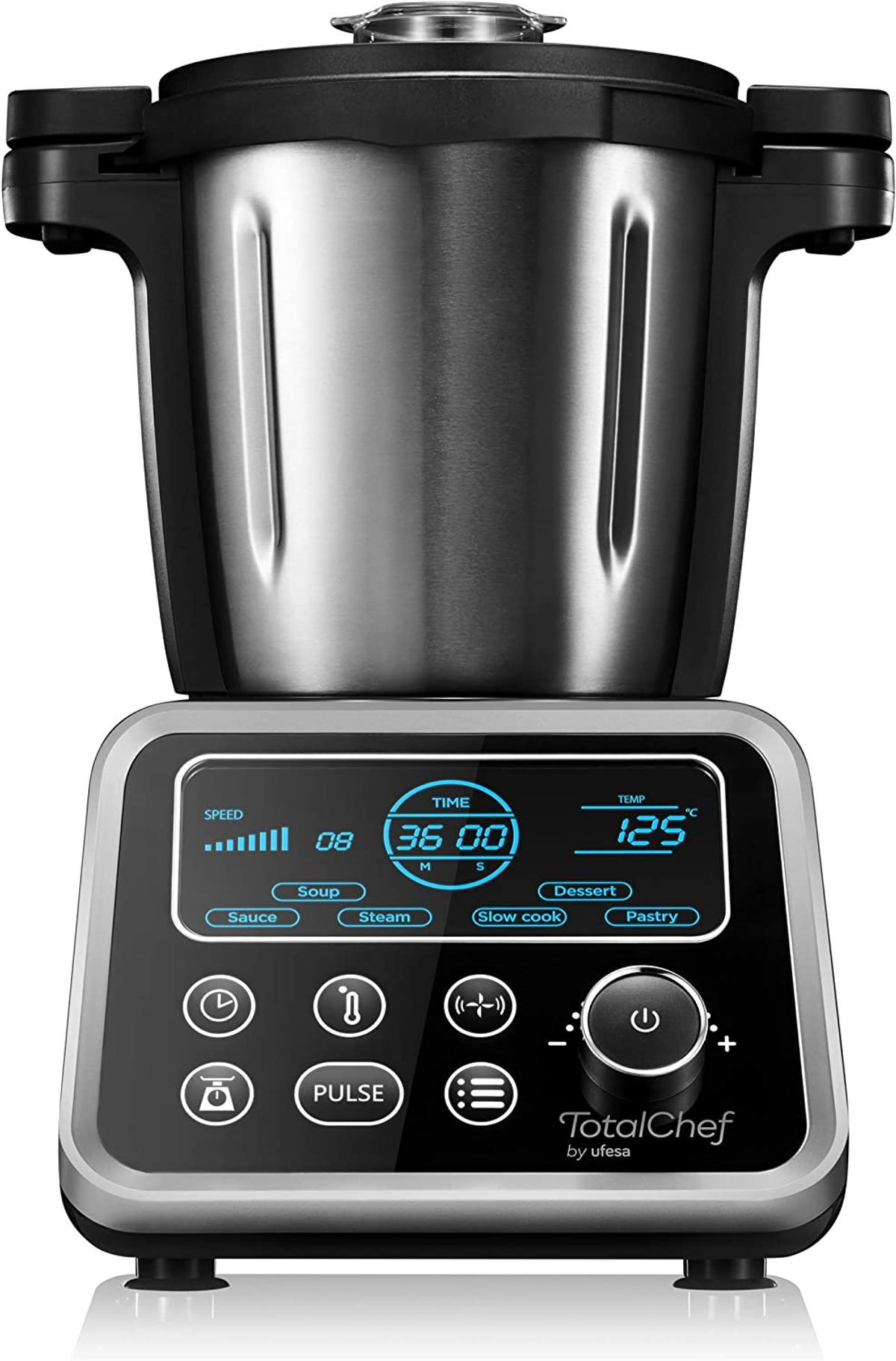 Robot da cucina nero e argento con display digitale e pulsanti di controllo. Sfondo bianco.