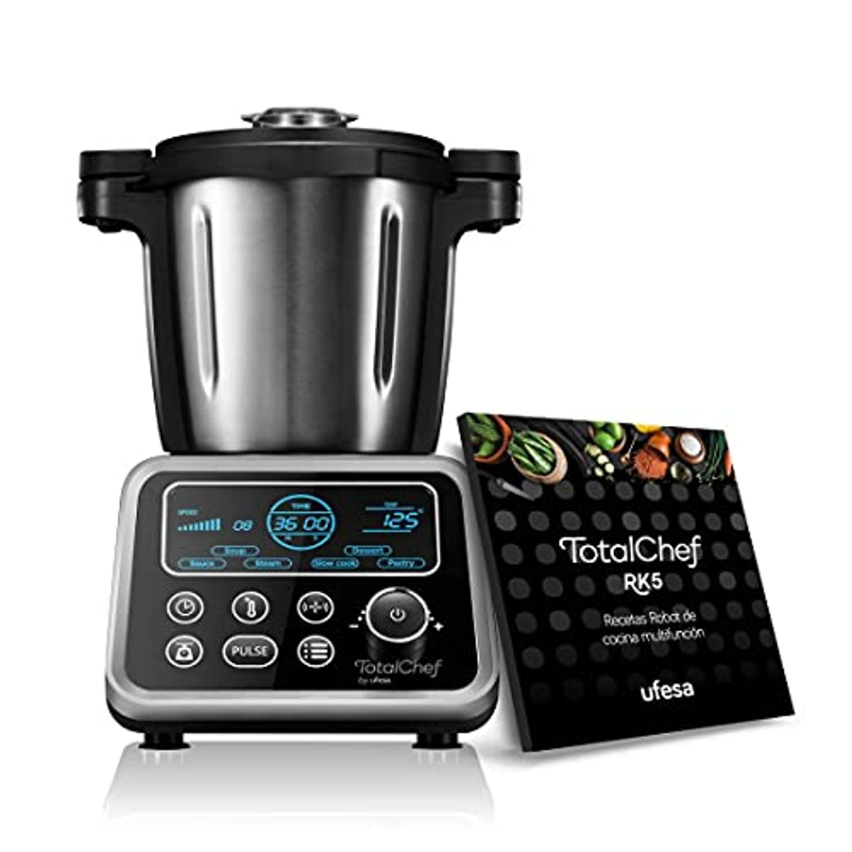 Robot da cucina TotalChef RK5. Design nero e argento. Il ricettario è a destra.