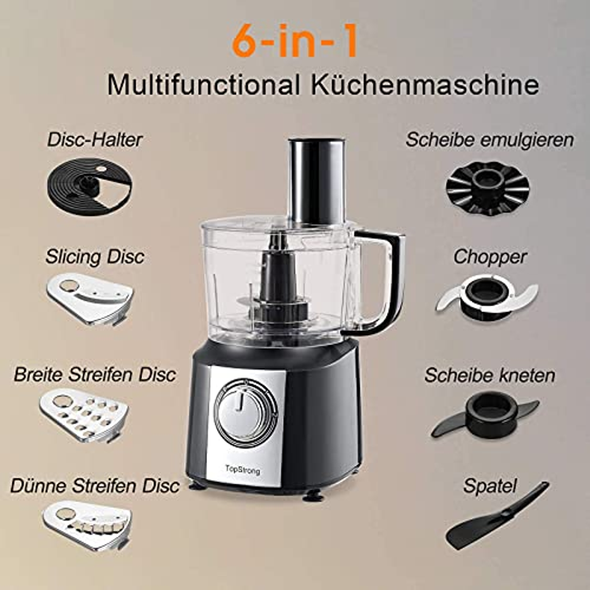 Un robot da cucina 6-in-1 con molteplici accessori, tra cui dischi per affettare, tritare e impastare.