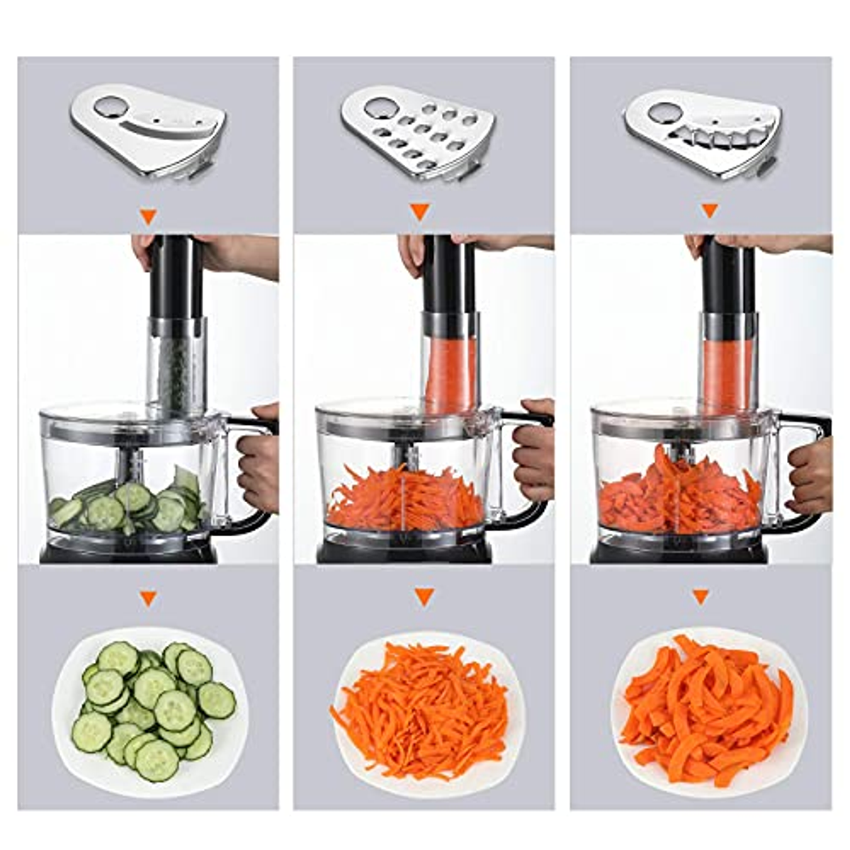 Componenti del robot da cucina con lame e verdure. Tre fasi della lavorazione degli alimenti dimostrate.