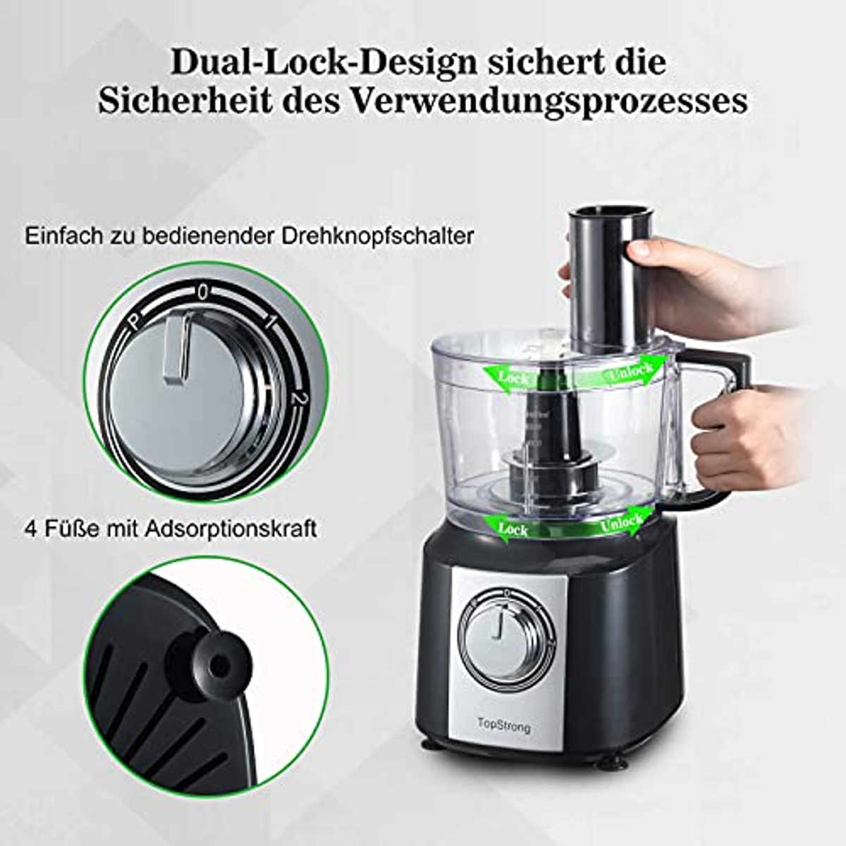 Elettrodomestico da cucina con più accessori, su una superficie bianca, con display touchscreen.