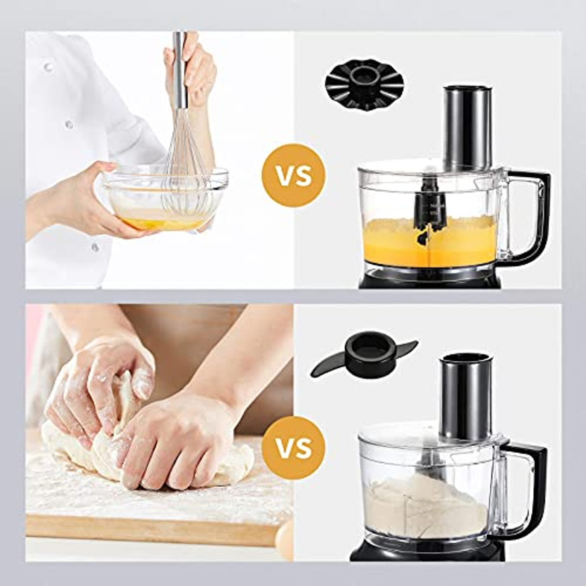 Confronto robot da cucina. Sbattere le uova contro impastare. Ognuno con parti e contenuto.
