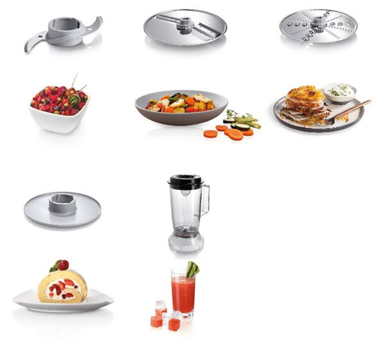 Asortyment komponentów blendera, żywności i gotowych potraw.