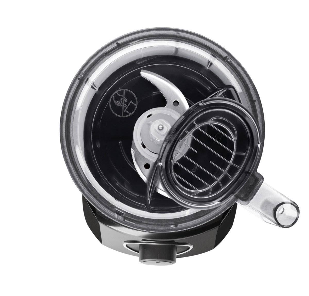 Widok z góry na robota kuchennego z przezroczystą misą i ostrzem w środku.