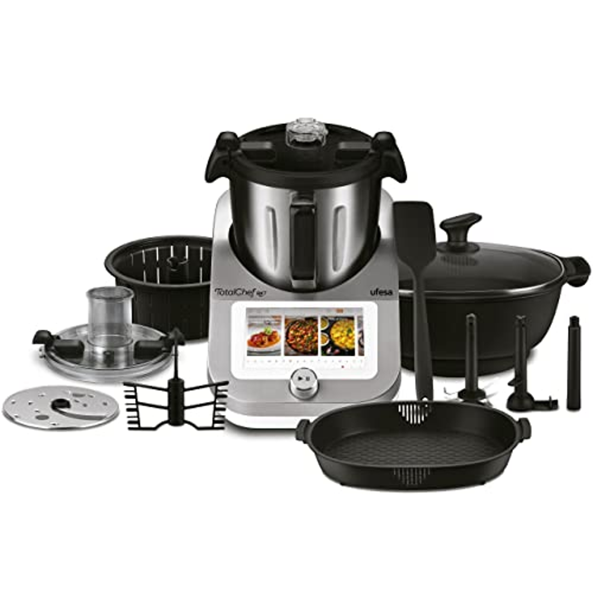 Ein silberner und schwarzer TotalChef-Küchenmaschine mit Zubehör drumherum.
