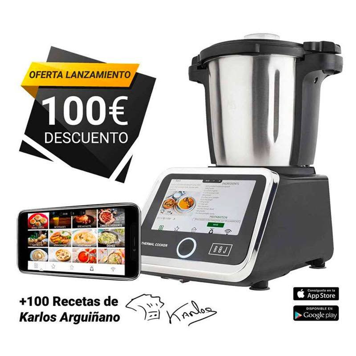 Electrodoméstico de cocina con pantalla táctil, teléfono con recetas y letrero de descuento de 100€.