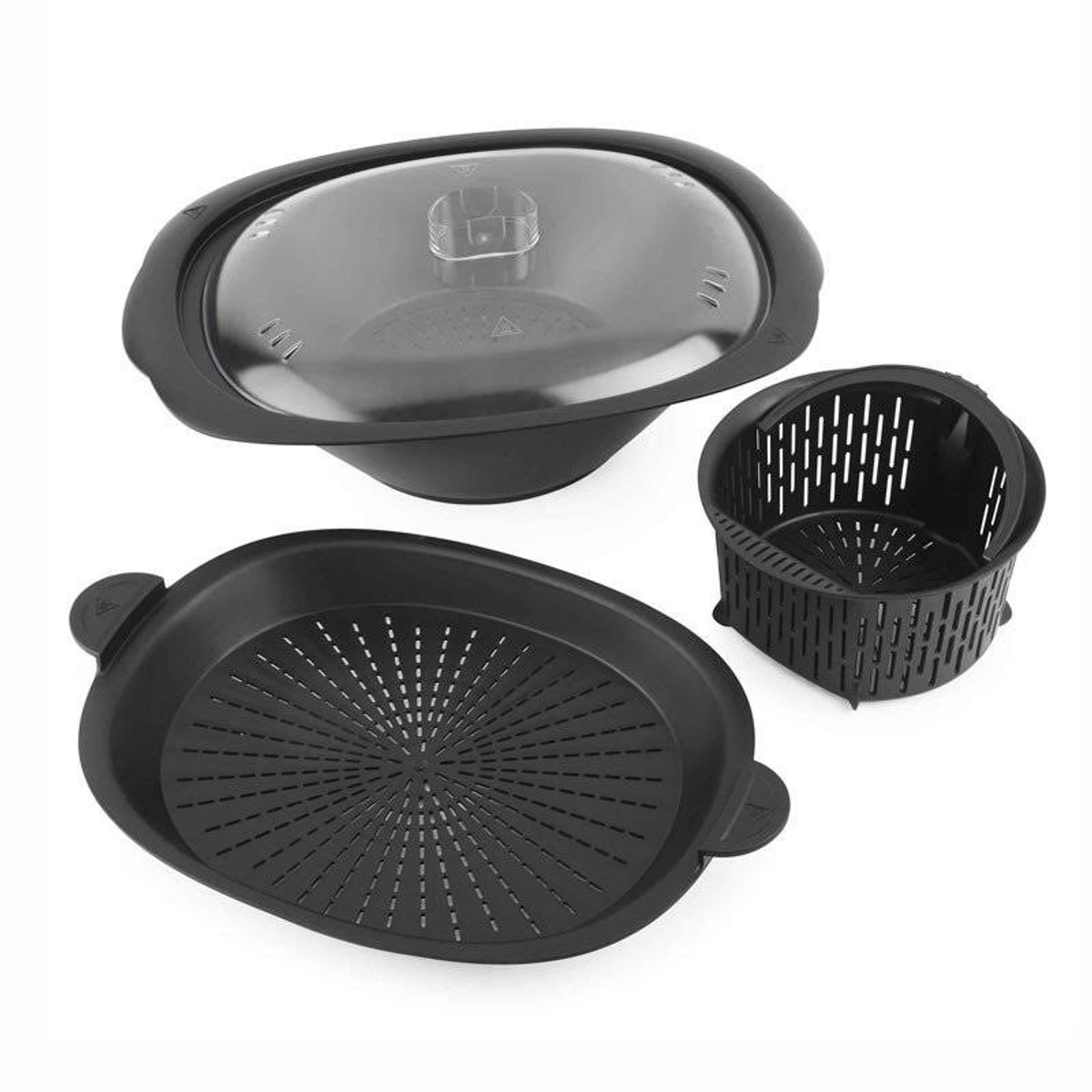 Un conjunto de piezas de vaporera negras, que incluyen una tapa, una cesta y una base.