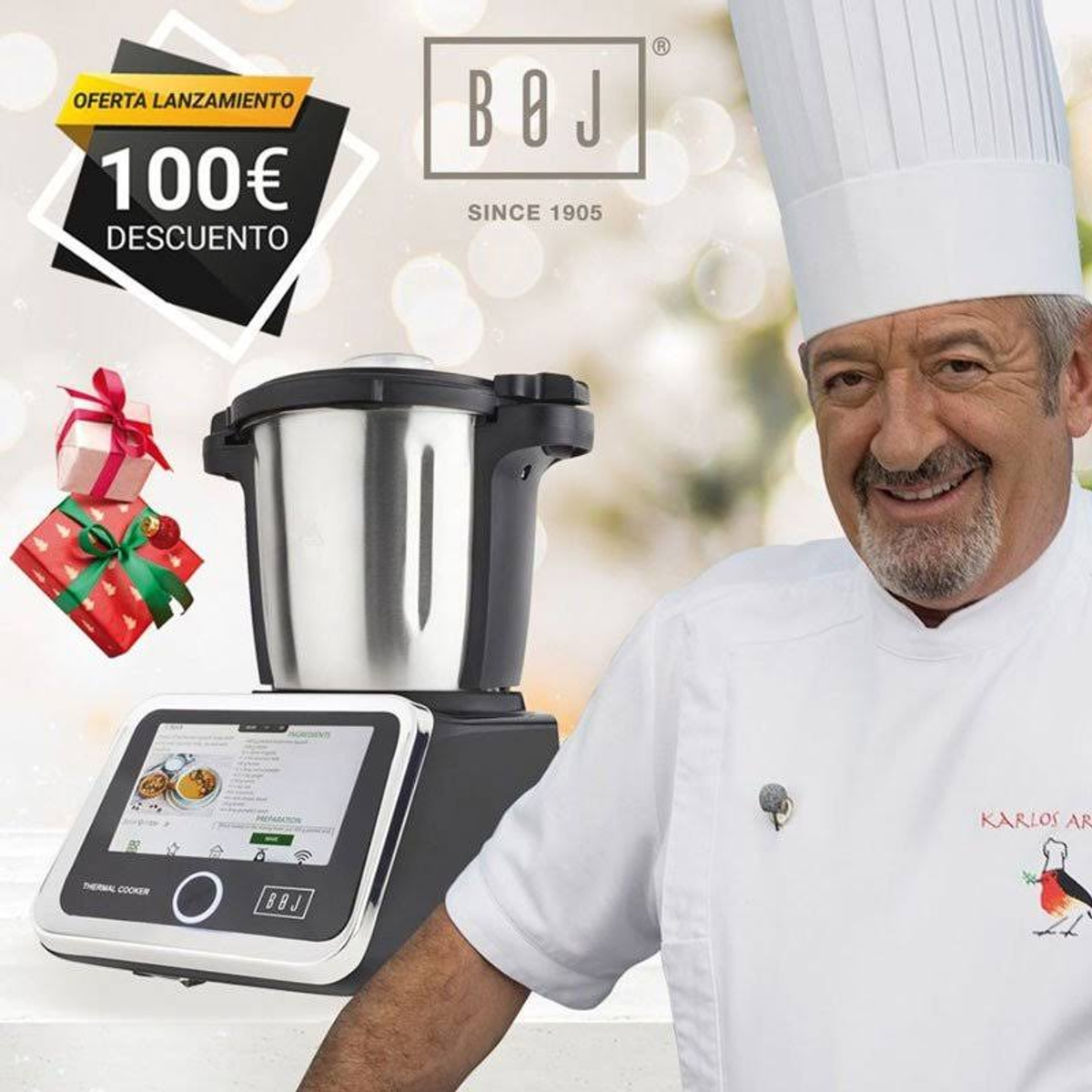 Chef con cocina térmica BOJ, sonriendo, junto a oferta de 100€ descuento, y una caja de regalo.