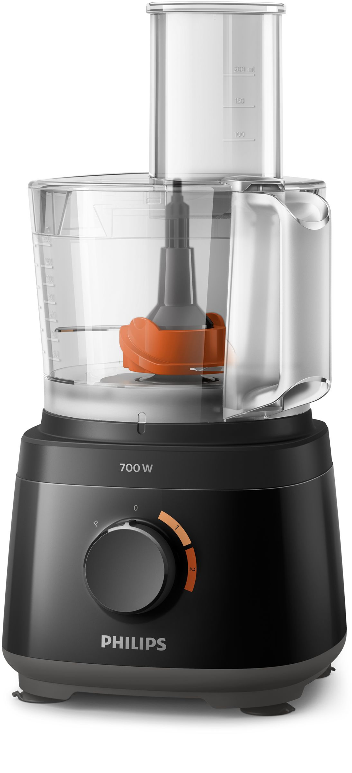 Robot da cucina nero e grigio. Ha un grande contenitore trasparente e un quadrante per le impostazioni di velocità.