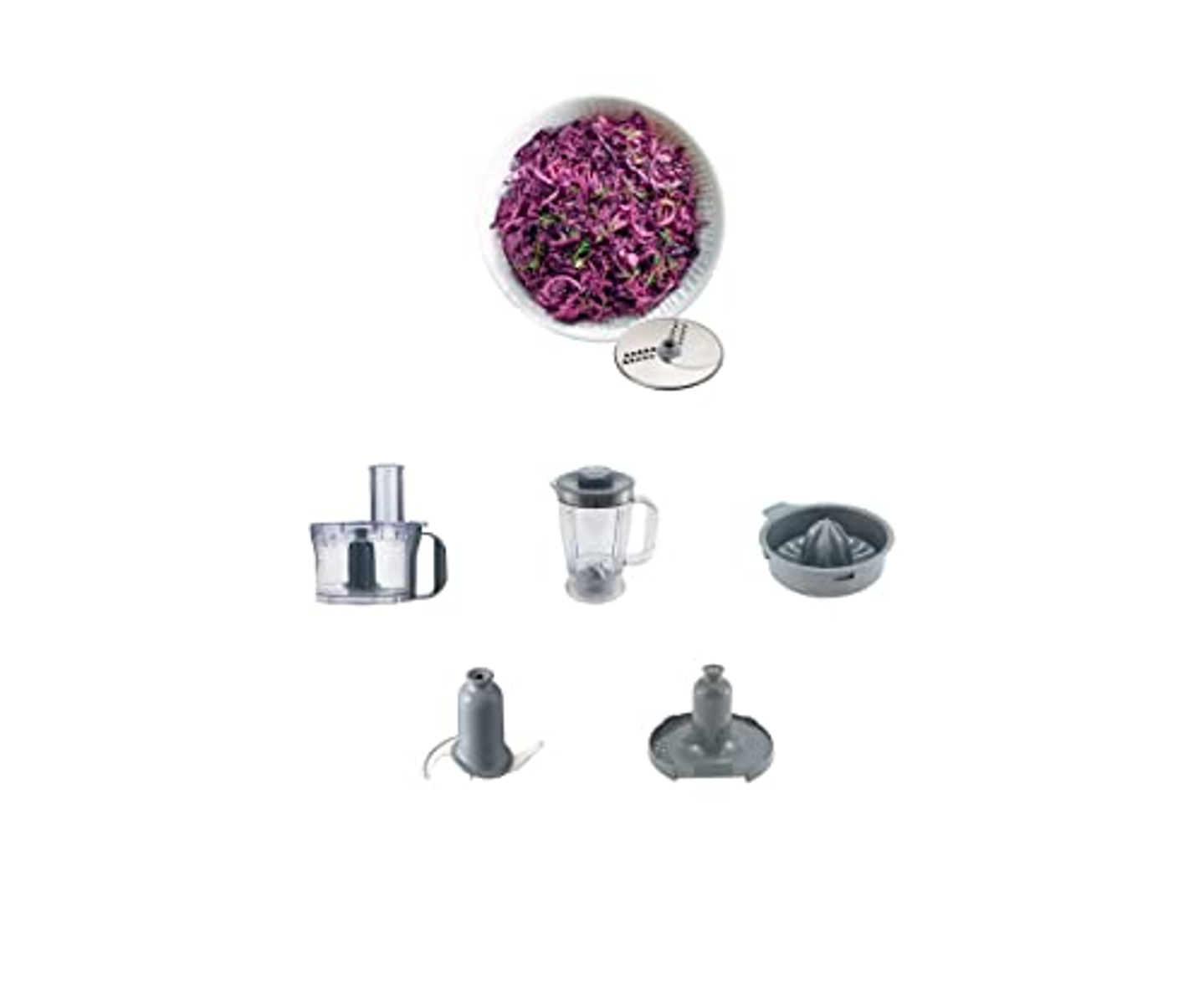 Robot da cucina con accessori e una ciotola di cavolo rosso tritato.