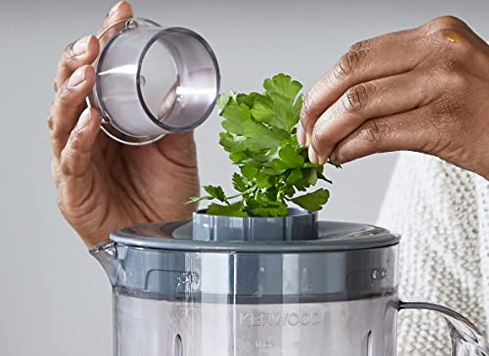 Mani che aggiungono prezzemolo a un robot da cucina. Contenitore trasparente e coperchio grigio visibili.
