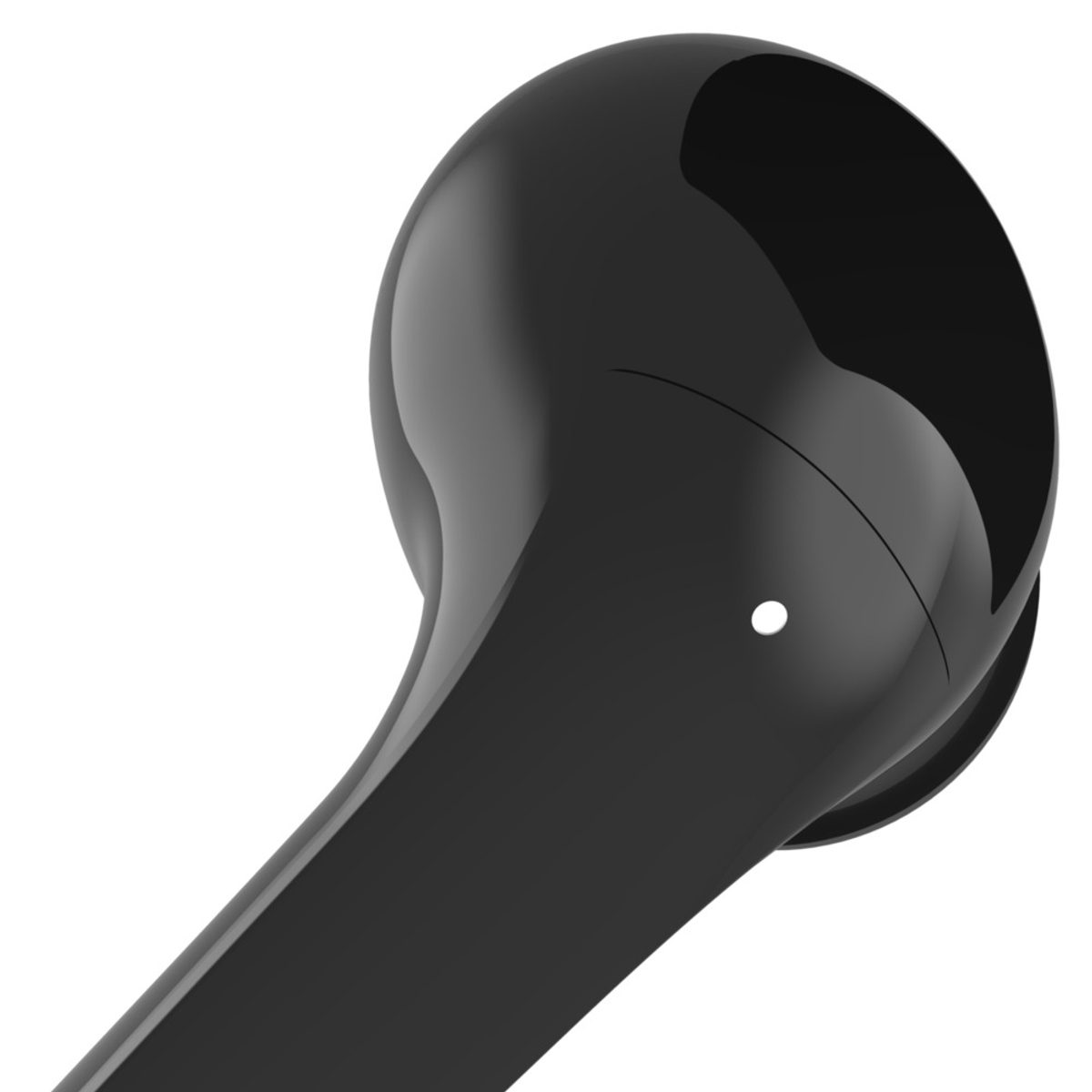 Primo piano di un auricolare wireless nero su sfondo bianco. L'auricolare è lucido e di forma arrotondata.