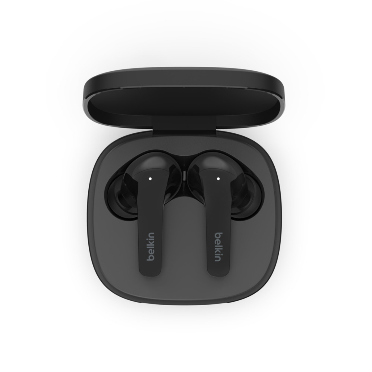 Auricolari wireless neri all'interno di una custodia di ricarica nera, vista dall'alto.
