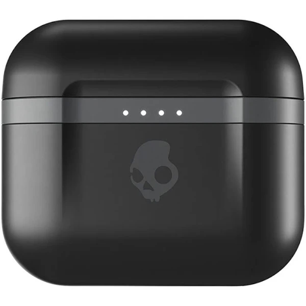 Ein schwarzes Skullcandy-Kopfhörer-Ladecase mit Schädel-Logo und vier weißen Kontrollleuchten.