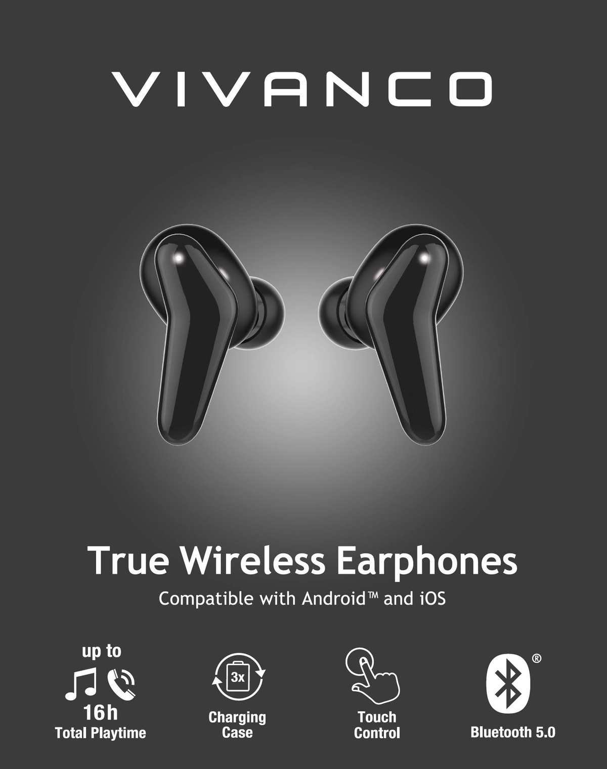 Czarne słuchawki bezprzewodowe Vivanco z etui ładującym. Tekst mówi: 'Całkowity czas odtwarzania' i 'Bluetooth 5.0'.
