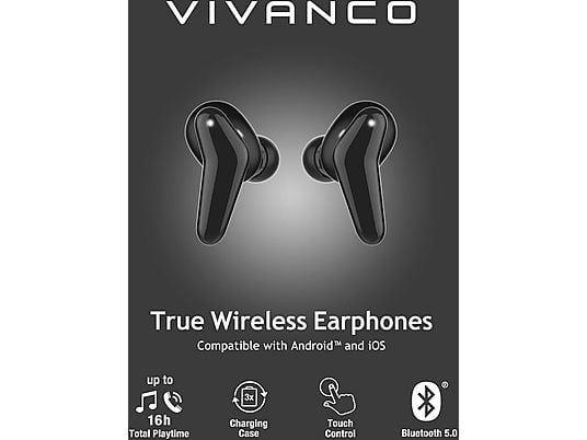 Auriculares True Wireless  - 60605 VIVANCO, Intraurales, Bluetooth, Negro