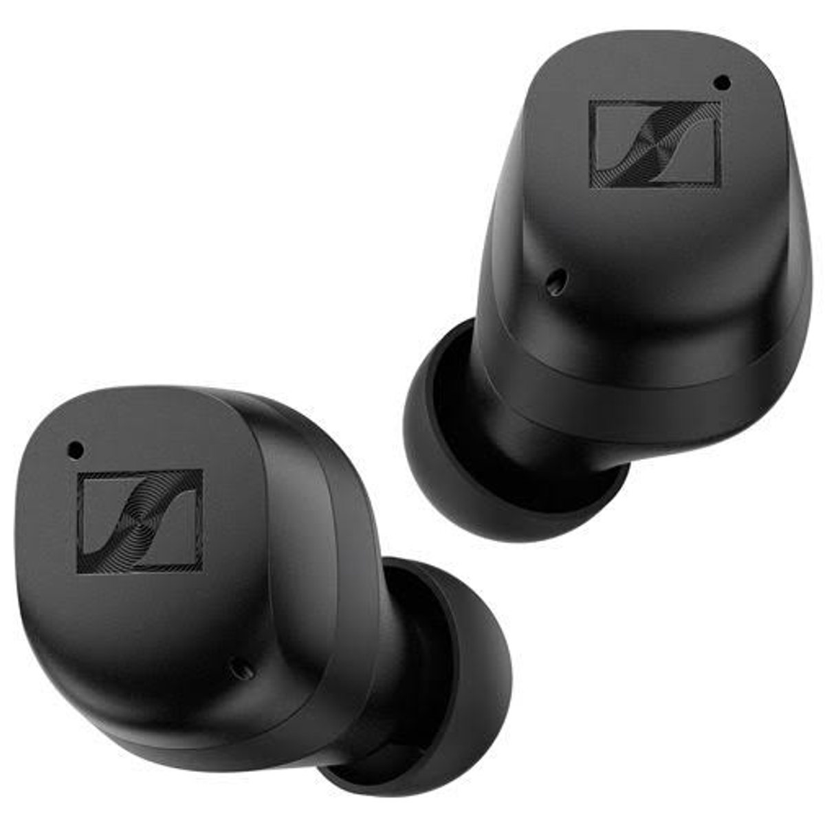 Auricolari Sennheiser neri. Ognuno ha il logo Sennheiser. Sfondo bianco.
