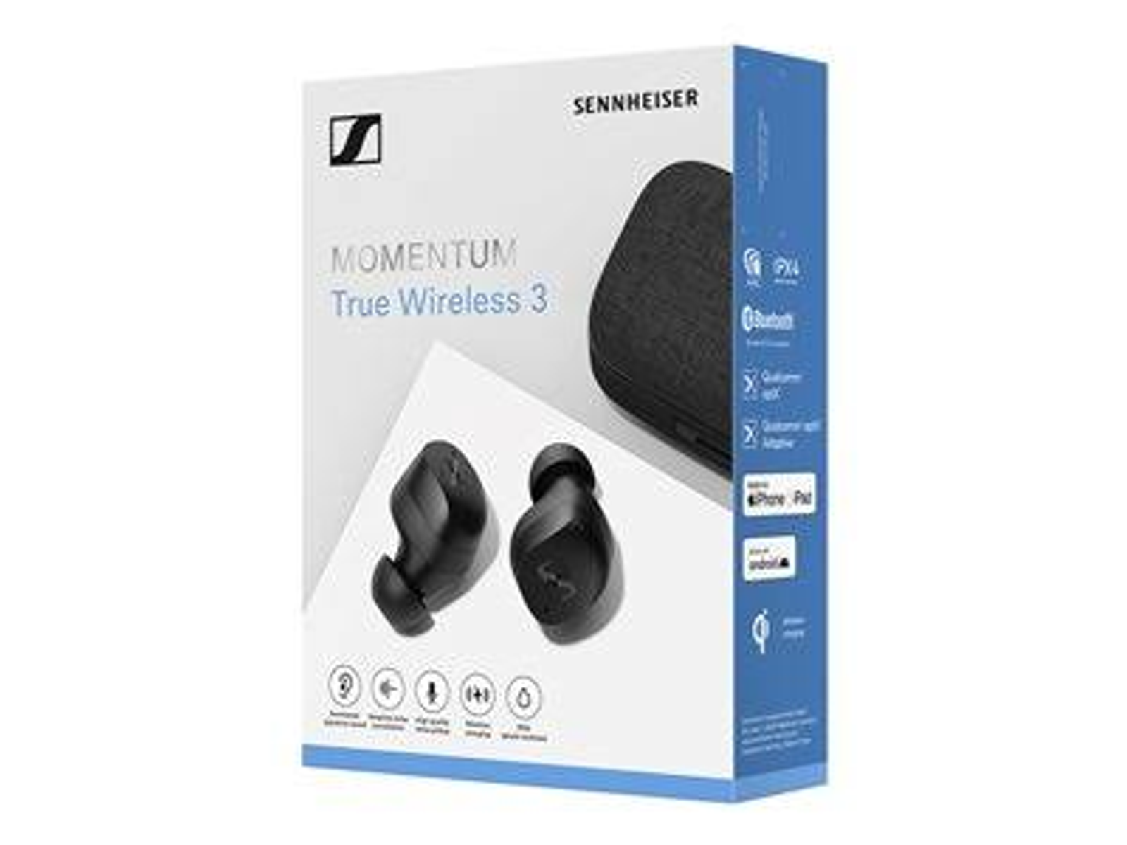 Scatola degli auricolari Sennheiser Momentum True Wireless 3, con auricolari e custodia di ricarica visibili.