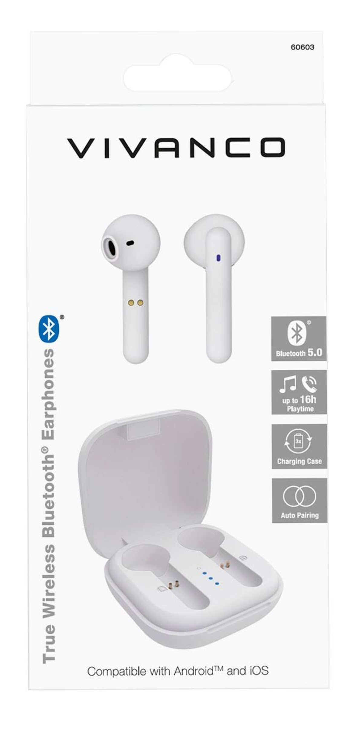 Słuchawki w pudełku. Białe etui z dwoma wkładkami dousznymi. Bluetooth 5.0, do 16h odtwarzania.