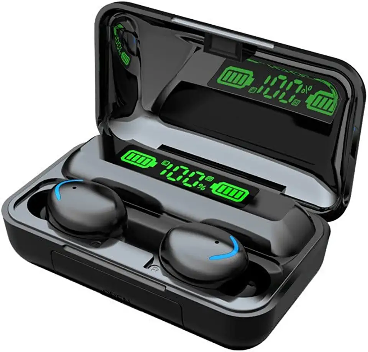 Auricolari wireless neri nella custodia di ricarica. Custodia aperta. Auricolari con dettagli blu e display verde.