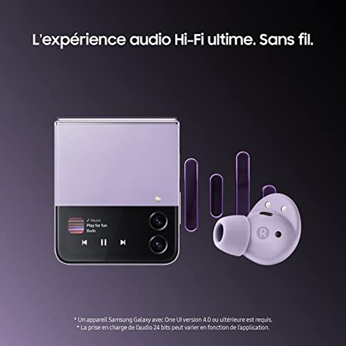 Telefono e auricolari viola su sfondo viola. Testo: 'L'expérience audio Hi-Fi ultime. Sans fil.'