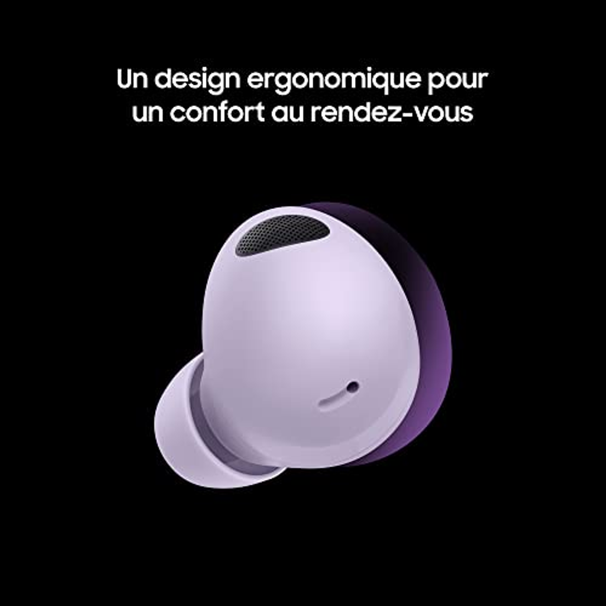 Un paio di auricolari viola. Testo in francese, con sfondo viola e nero.