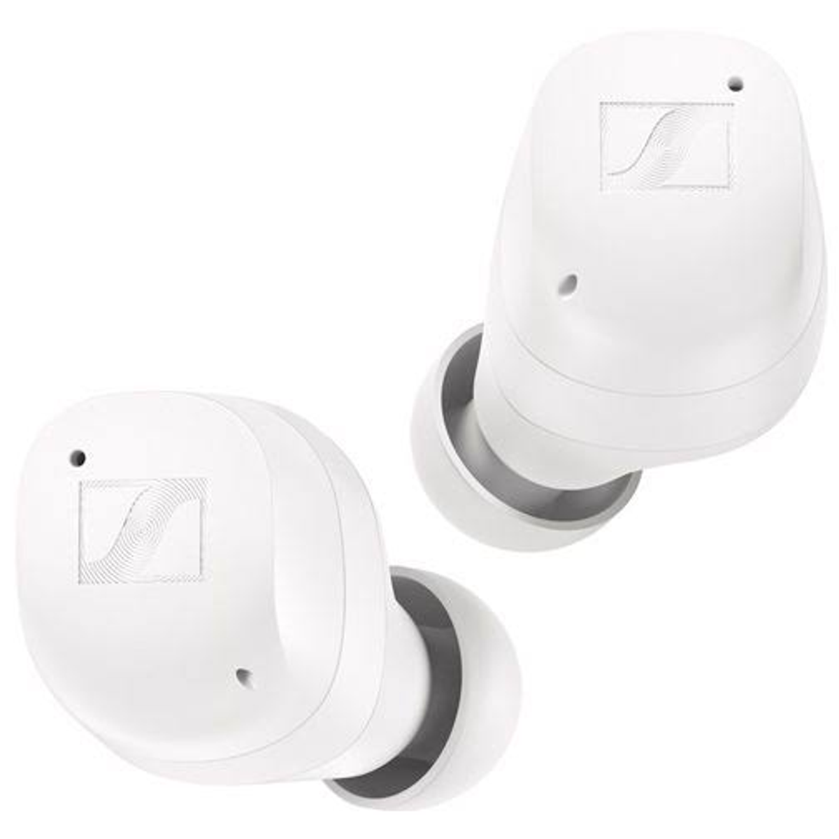 Weiße Sennheiser-Ohrhörer mit Logo, vor weißem Hintergrund.