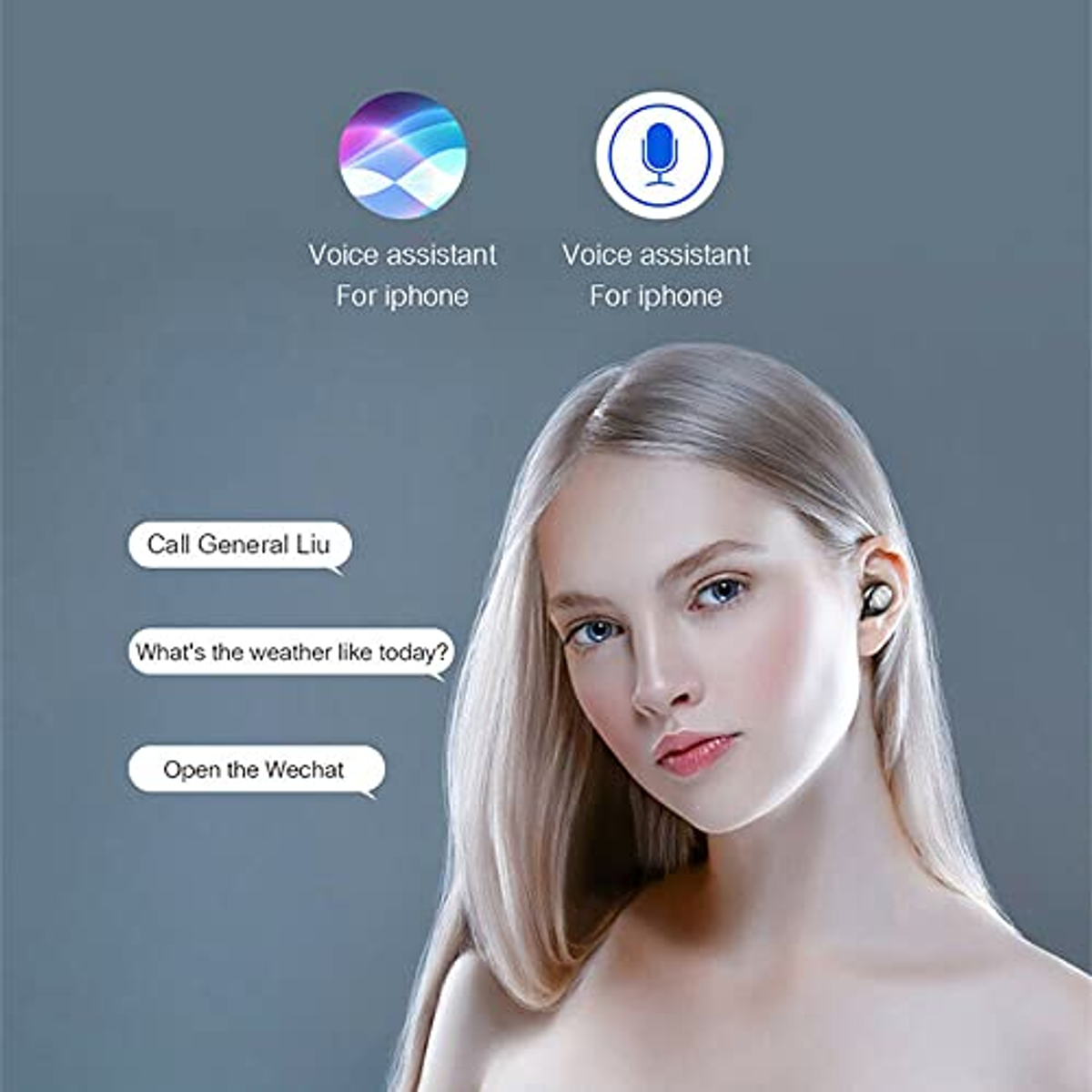 Donna con auricolari, fumetti. Testo: Chiama il generale Liu, Che tempo fa oggi?, Apri Wechat.