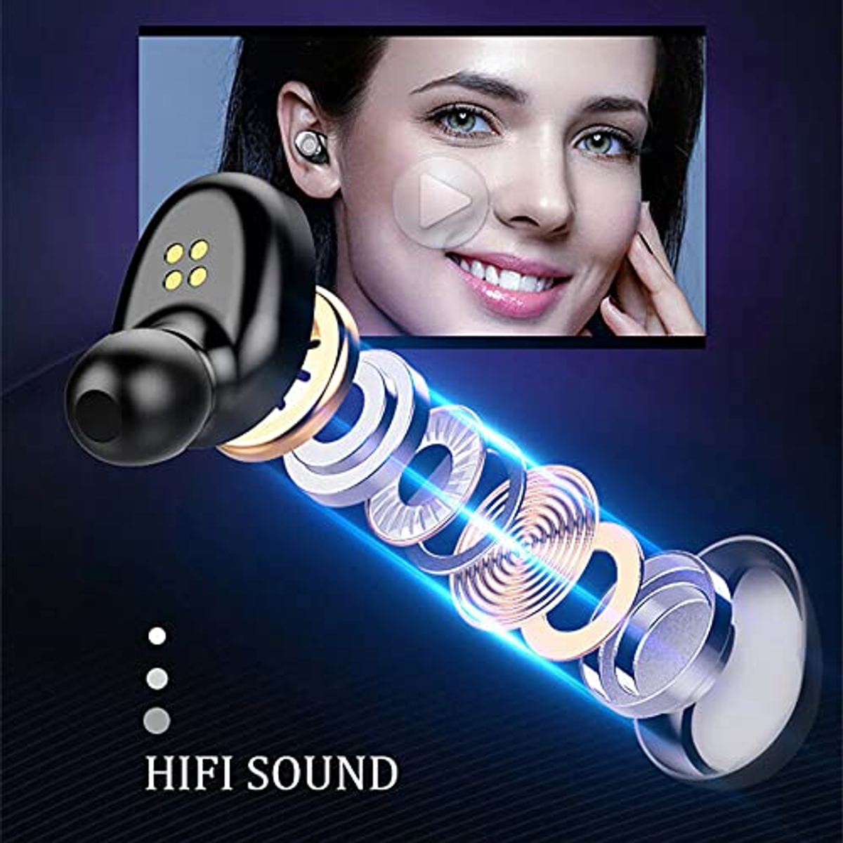 Donna con auricolari, un diagramma esploso mostra i componenti interni. Testo: SUONO HI-FI.