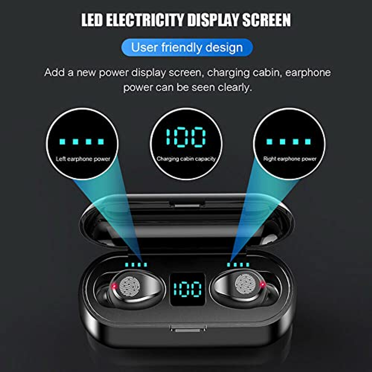 Auricolari in una custodia di ricarica con display della batteria.