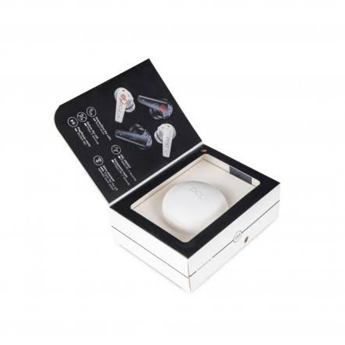 Auricolari bianchi all'interno di una scatola aperta. La scatola ha un coperchio nero. Sfondo bianco.