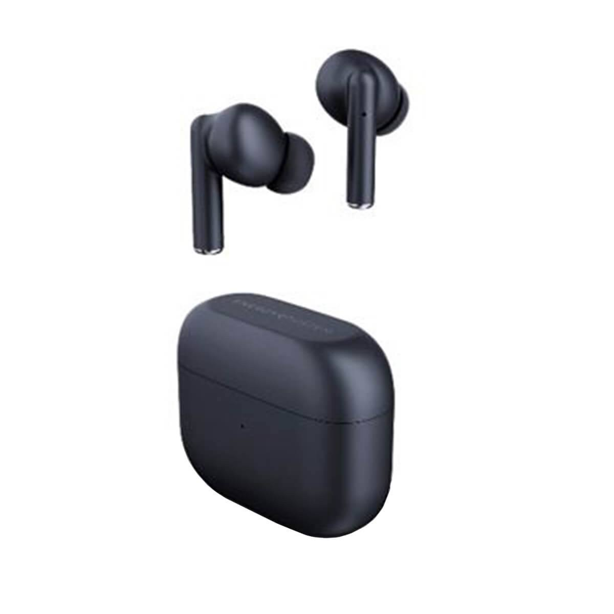 Auricolari e custodia neri. Gli auricolari sono nella parte superiore dell'immagine. Sfondo bianco.