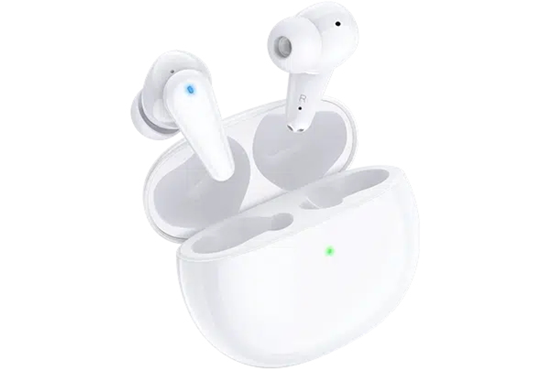 Auricolari bianchi in una custodia di ricarica aperta su sfondo bianco.
