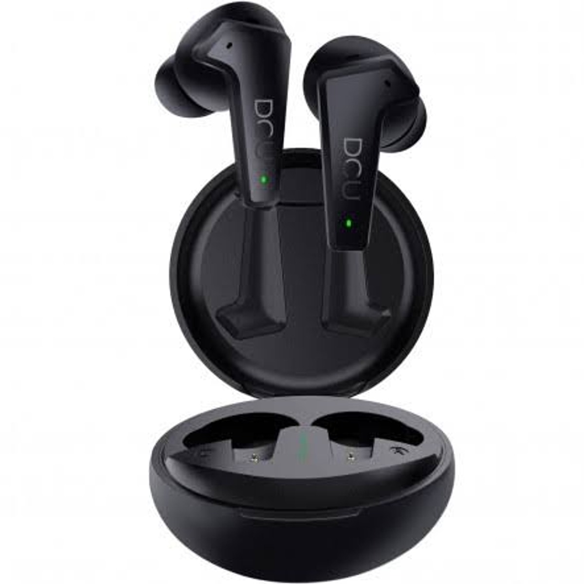 Auricolari wireless neri con custodia di ricarica. Su sfondo bianco.