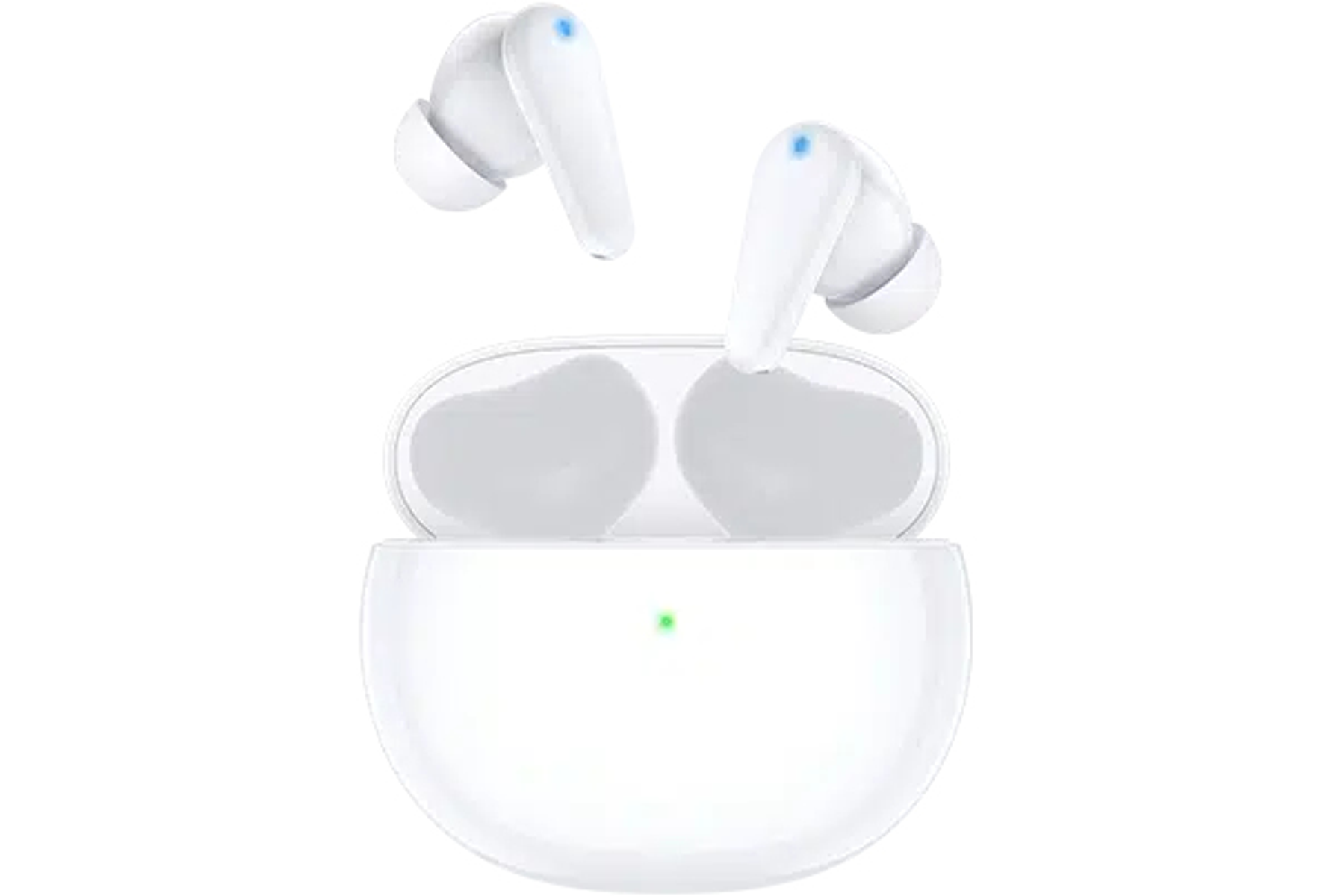 Auricolari bianchi con custodia di ricarica su sfondo bianco.