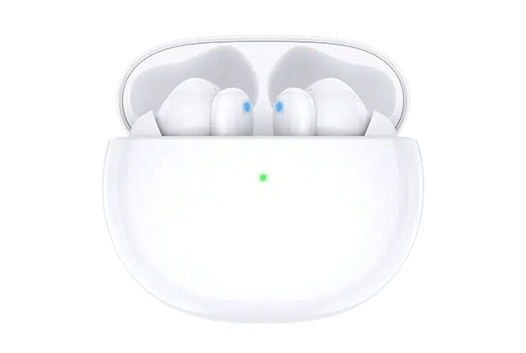 Auricolari bianchi in una custodia bianca. La custodia è aperta, mostrando gli auricolari.