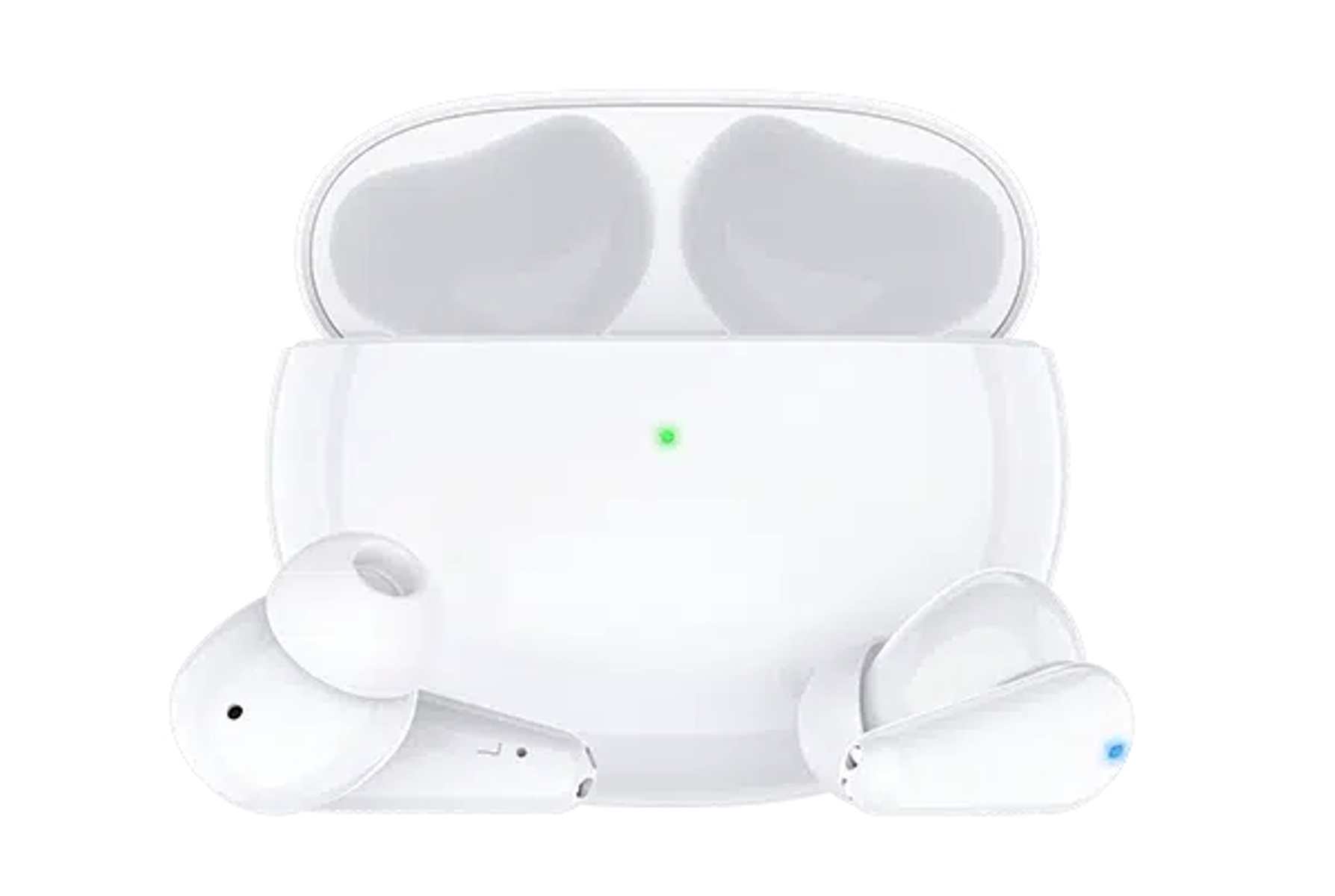 Auricolari wireless bianchi in una custodia di ricarica bianca aperta. Un auricolare è fuori dalla custodia.