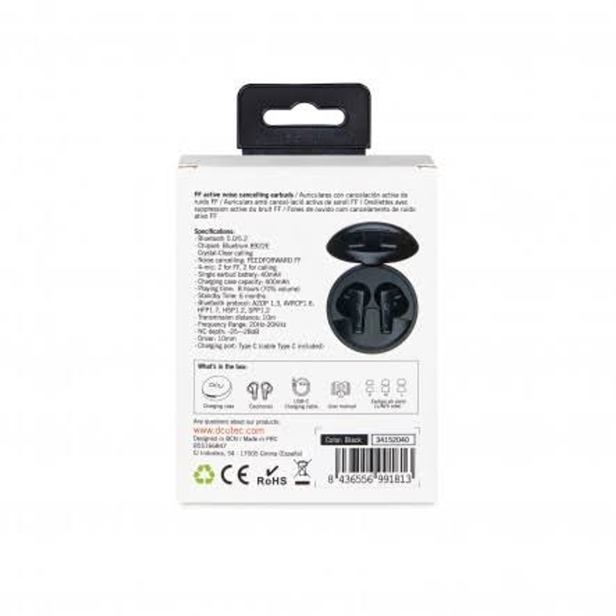 Scatola per auricolari con custodia di ricarica per auricolari nera e custodia nera con auricolari.