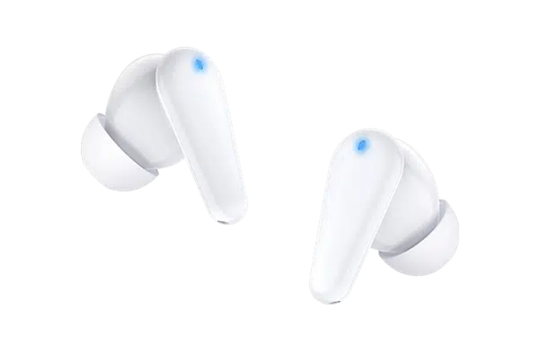 Due auricolari bianchi, isolati su sfondo bianco.