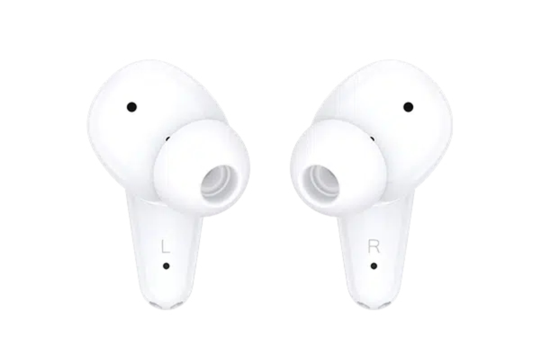 Due auricolari bianchi, con indicazioni L e R. Sfondo bianco.