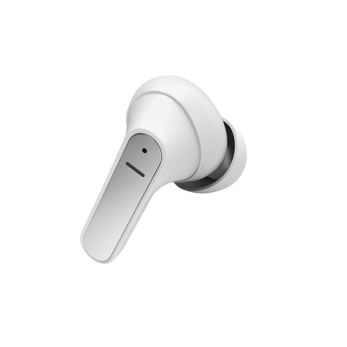 Un solo auricular blanco con un acento plateado y un auricular negro.