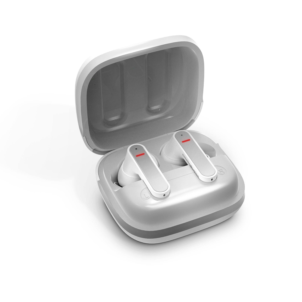 Estuche de carga blanco con dos auriculares blancos dentro, ambos con una raya roja.