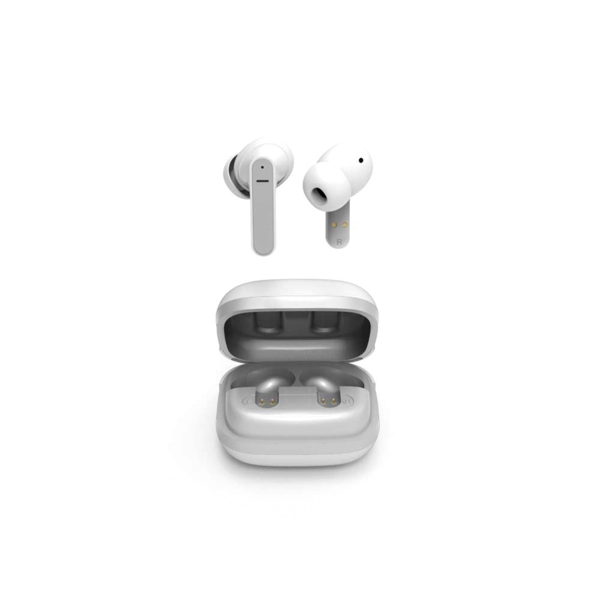 Auriculares blancos y estuche de carga sobre un fondo blanco. Un auricular está abierto.
