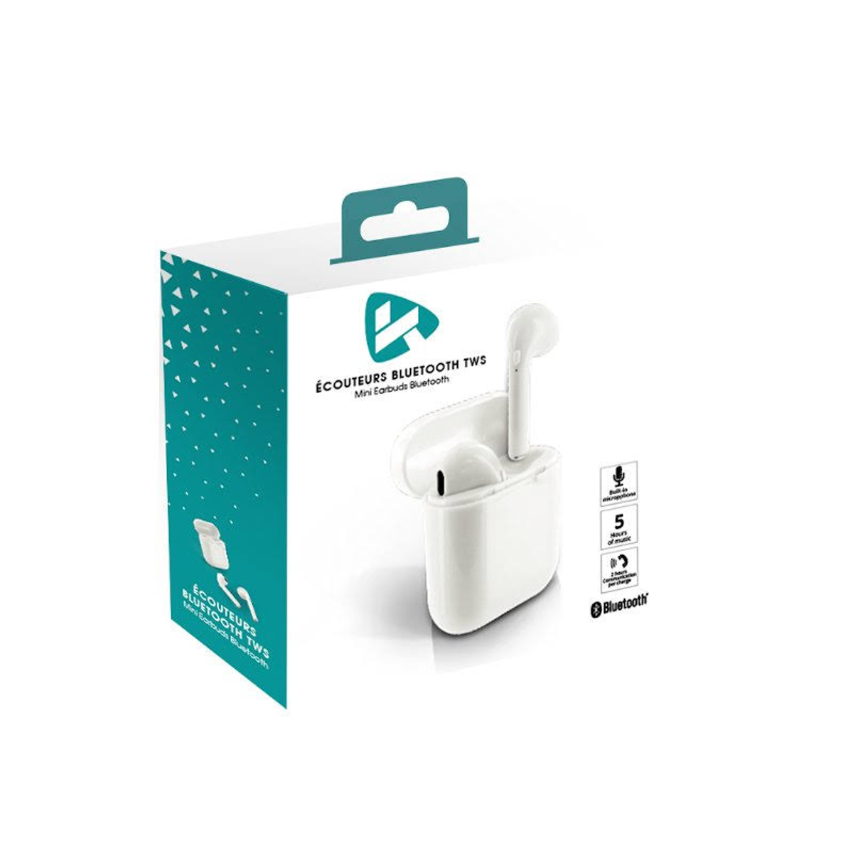 Scatola bianca contenente auricolari bianchi in una custodia di ricarica. La scatola ha testo e un logo Bluetooth.