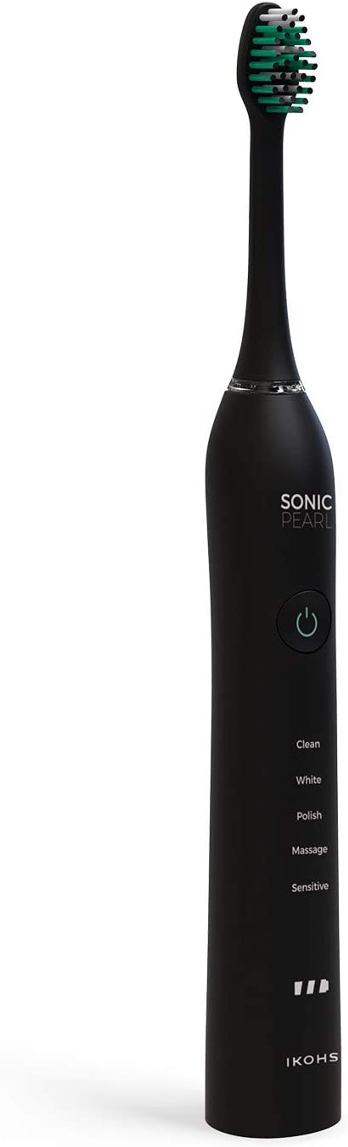Cepillo de dientes eléctrico negro con cerdas verdes, controles y nombre de la marca.