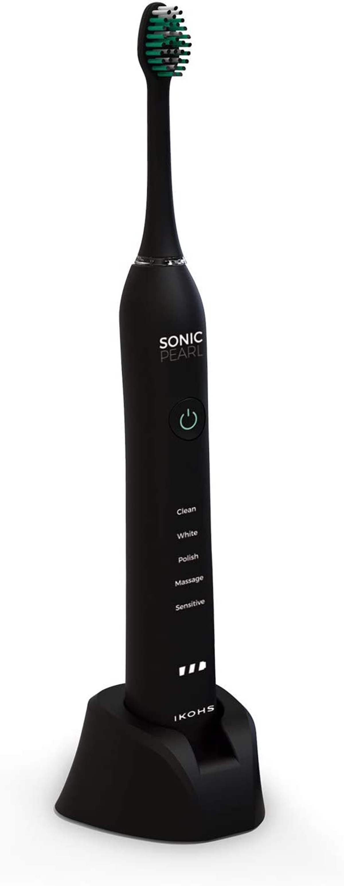 Cepillo de dientes eléctrico negro sobre una base de carga. El cepillo tiene botones e indicador.