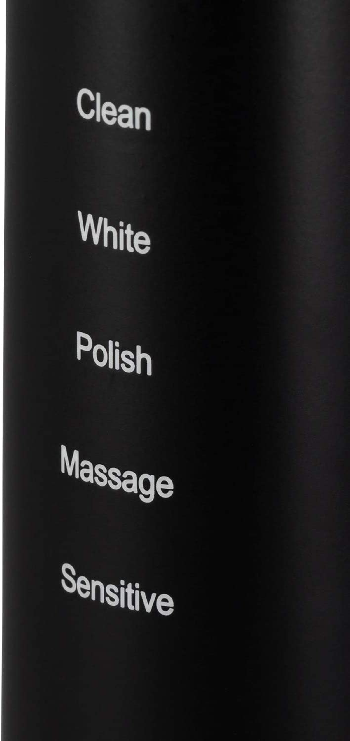 Cepillo de dientes negro con etiquetas: Clean, White, Polish, Massage y Sensitive.