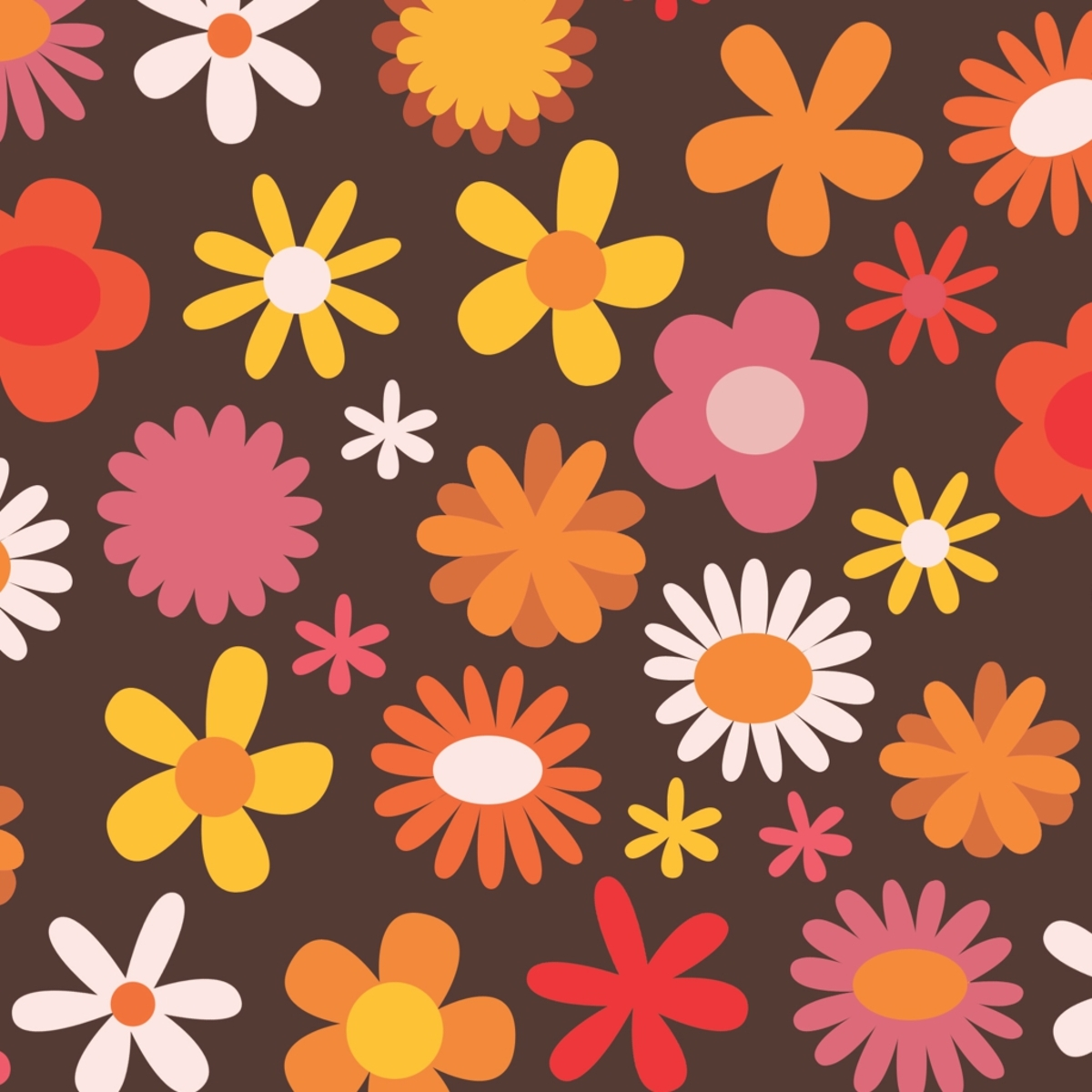 Un fondo marrón cubierto por un patrón de flores coloridas en varios diseños.