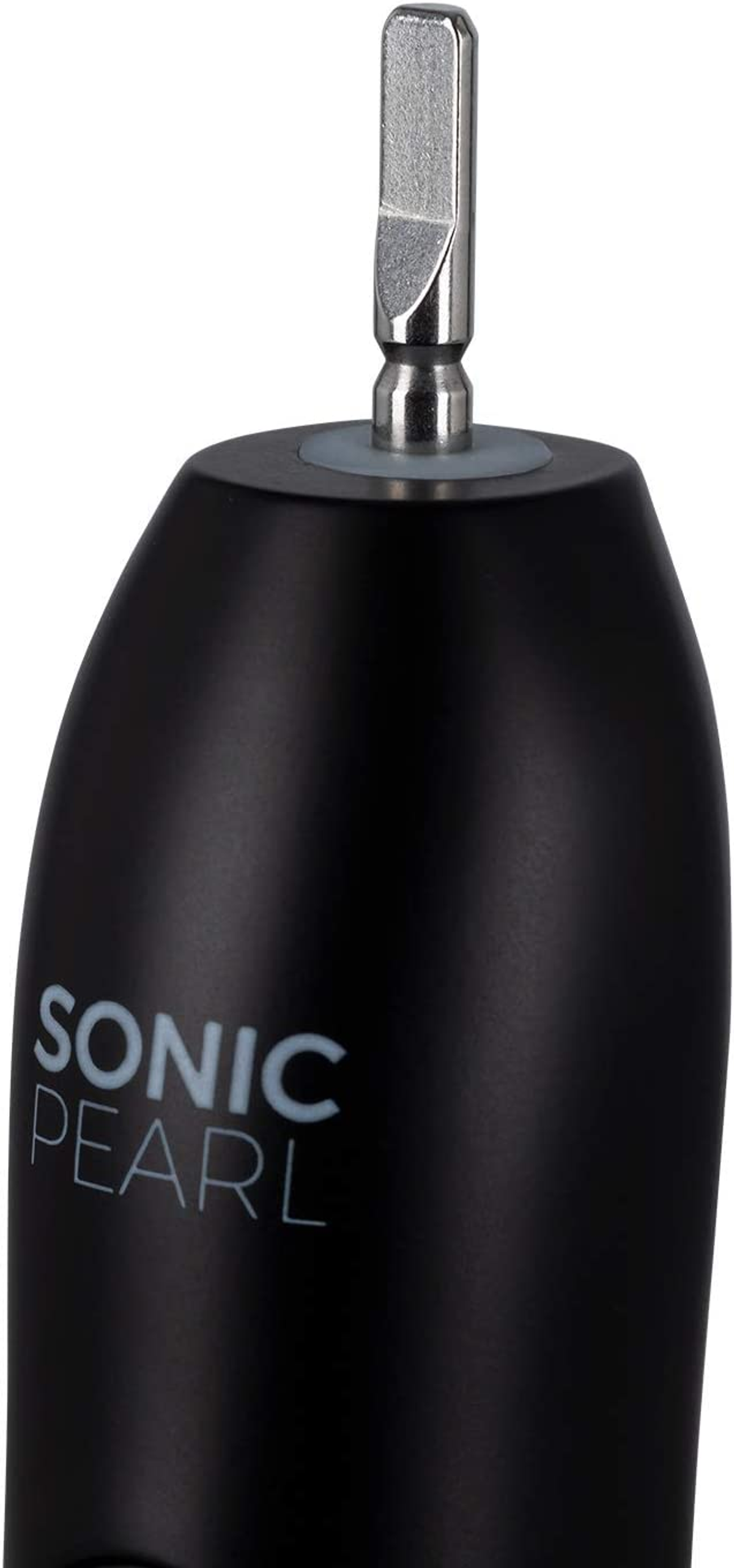 Cepillo de dientes eléctrico Sonic Pearl con cuerpo negro y cabezal plateado en ángulo.