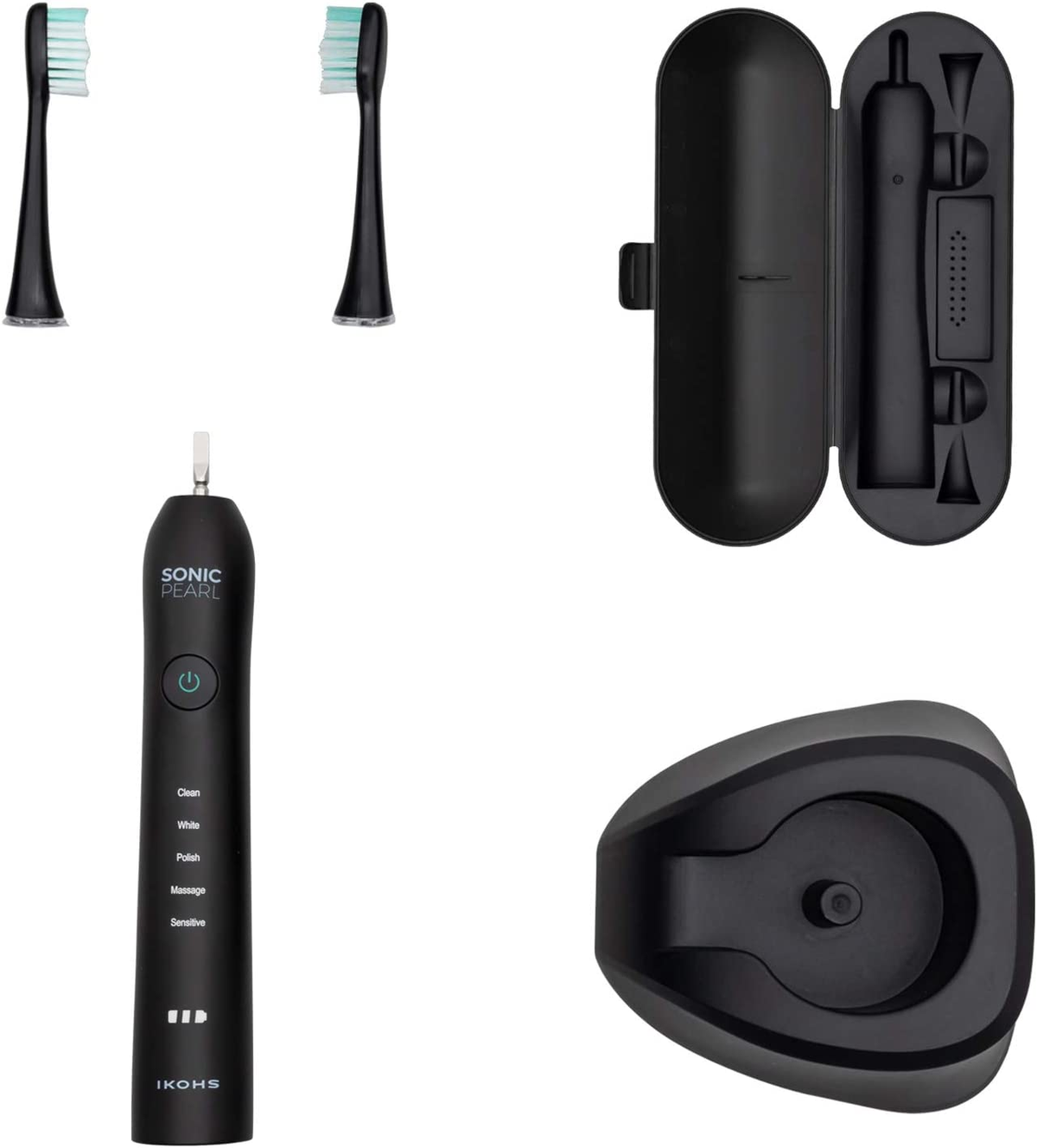 Cepillo de dientes eléctrico negro con dos cabezales de repuesto, estuche negro y base de carga. Todo sobre fondo blanco.